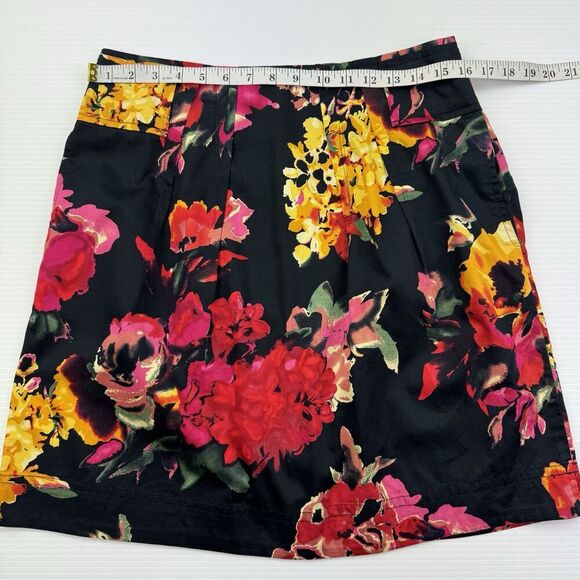 Grace Elements A-Line Skirt 8P Black Floral Cotton Pleated Pockets Zip Back - Picture 5 of 8